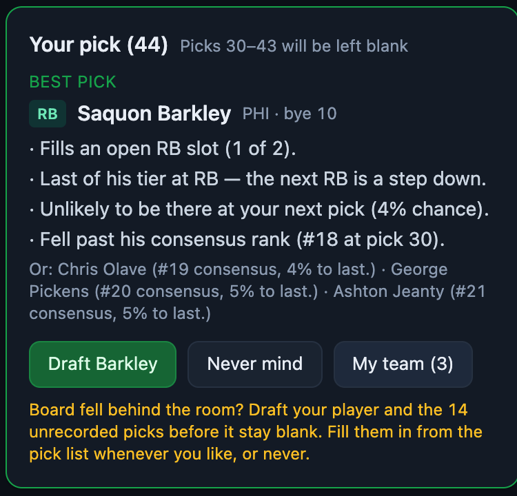 The board after tapping “It’s actually my pick”: your pick lands on its real number and the picks in between are left blank