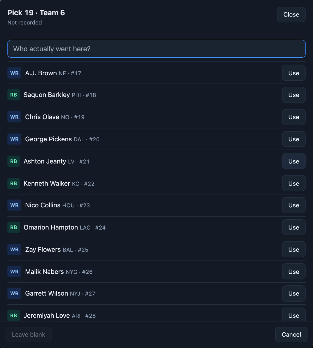 Fixing pick 19: a search of undrafted players with a Use button on each, and a Leave blank option