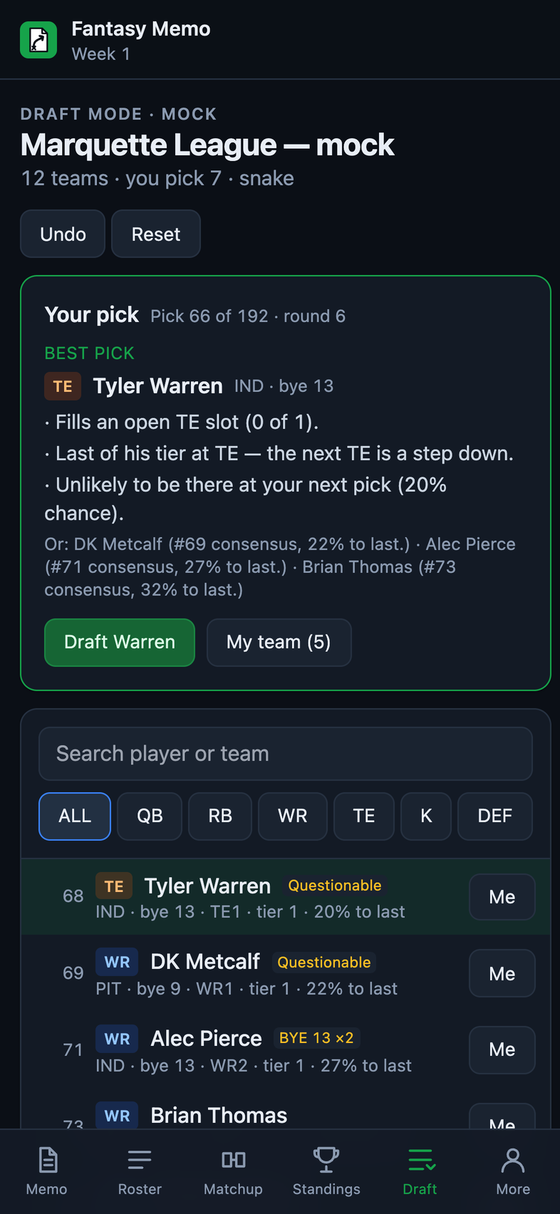 The draft board on a phone