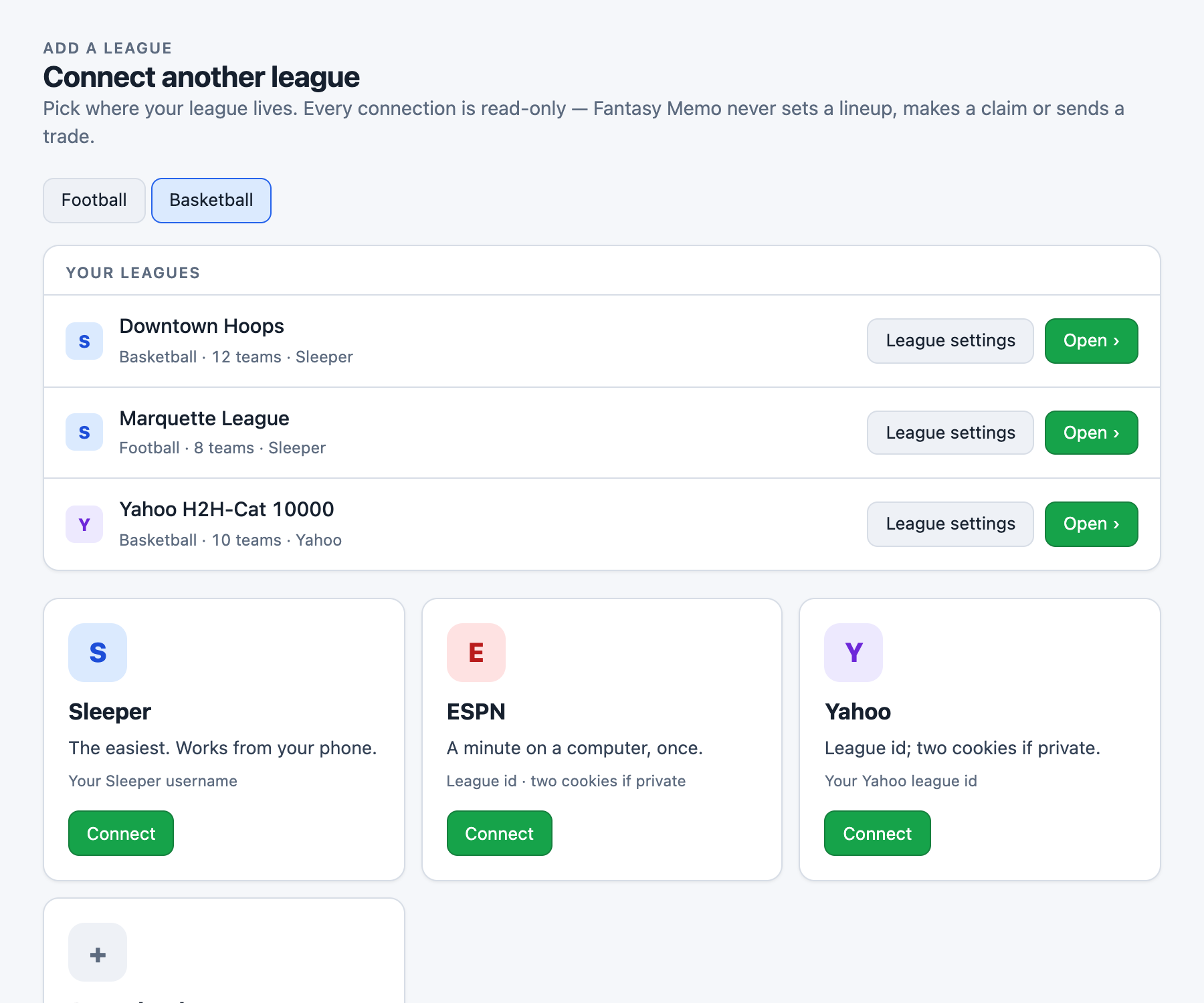 The connect page with the Basketball tab selected: Sleeper, Yahoo, ESPN and Any other league