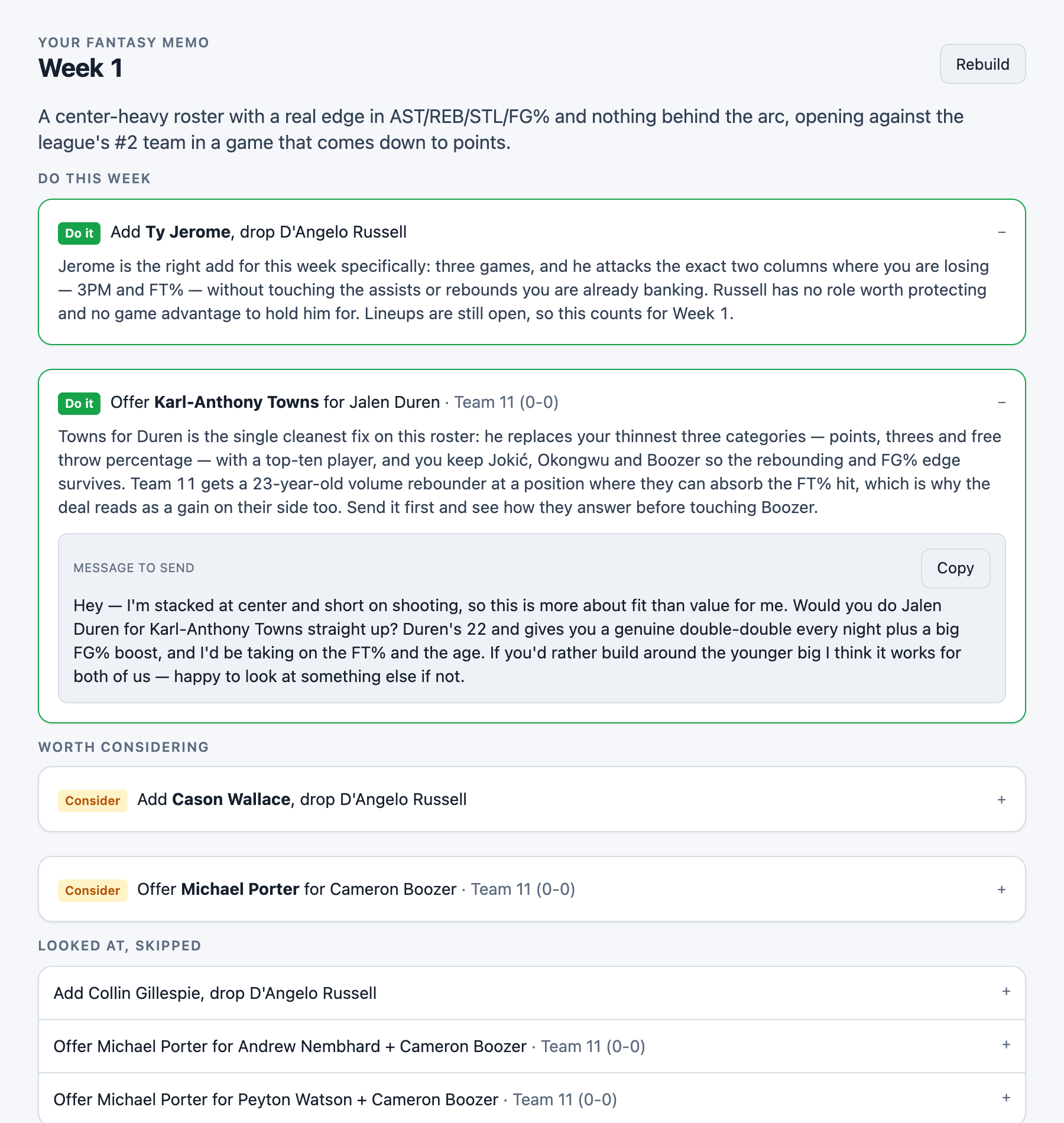 A Week 1 basketball memo: the headline, the do-it stream with its argument, worth considering, looked-at-and-skipped, the category matchup read and the weeks ahead