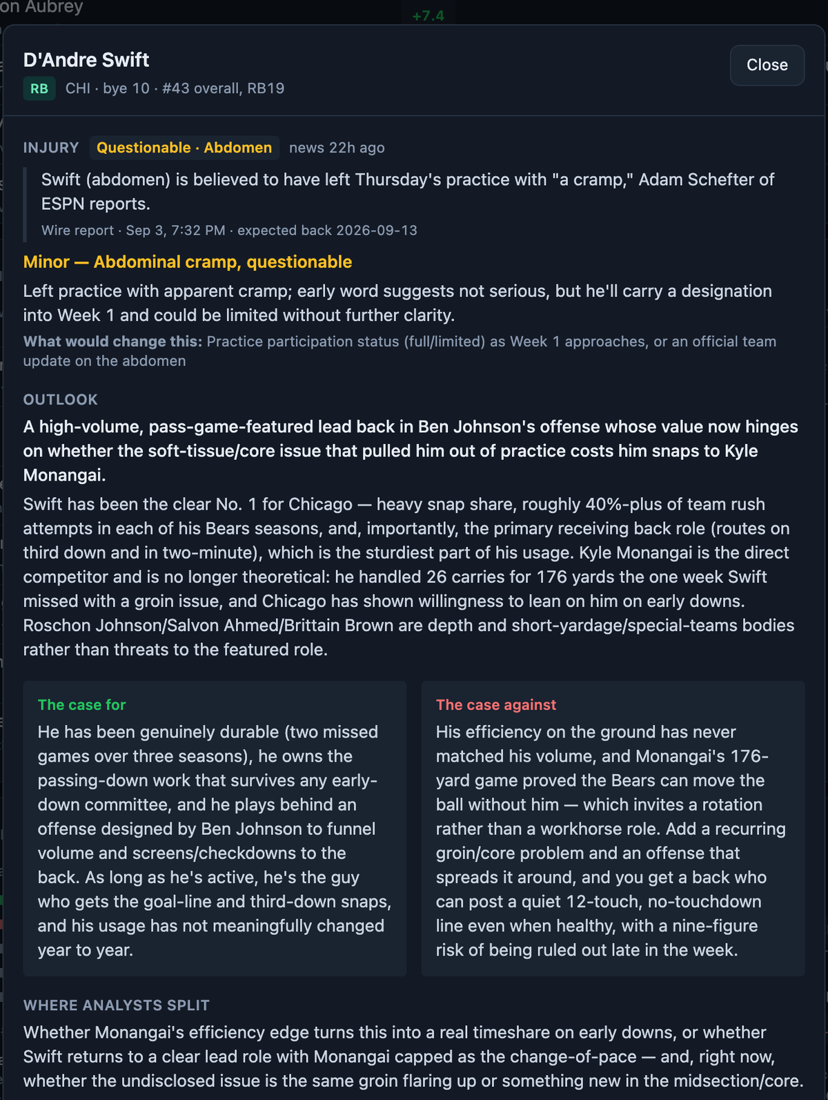 A player card: the wire report with its timestamp, the read of it, the outlook, the case for and against, and where analysts split
