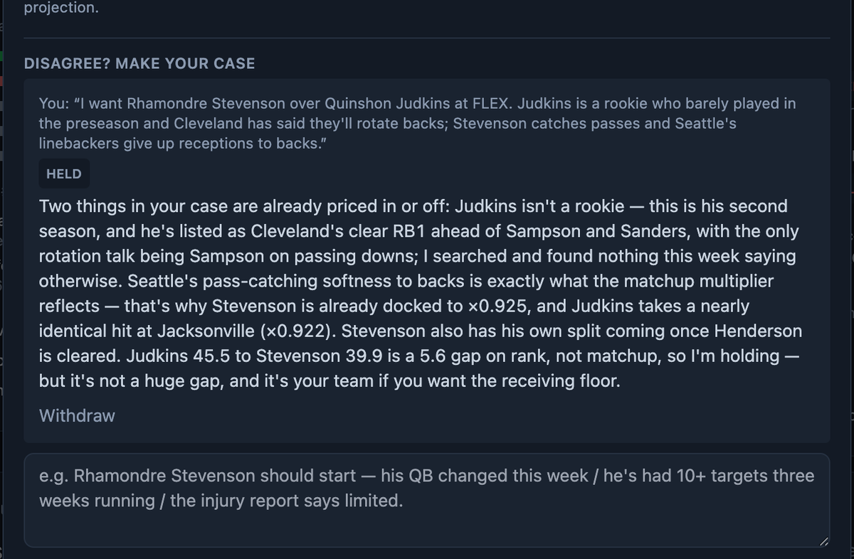 The consultant: the manager's argument for Stevenson over Judkins, the verdict Held, and the reply explaining what was already priced in and what was wrong on the facts